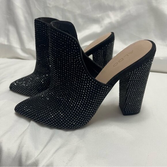 Aldo Rhinestone Crystal Embellished Mules Heels Black 7.5 - Picture 4 of 11